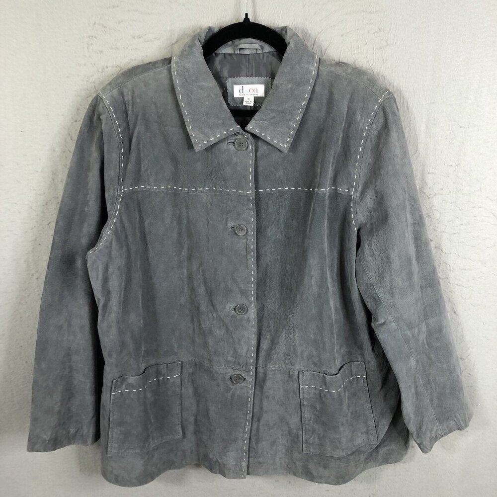 Denim & Co Leather Jacket Womens 1X Plus Size Gray White Stitching Suede Western